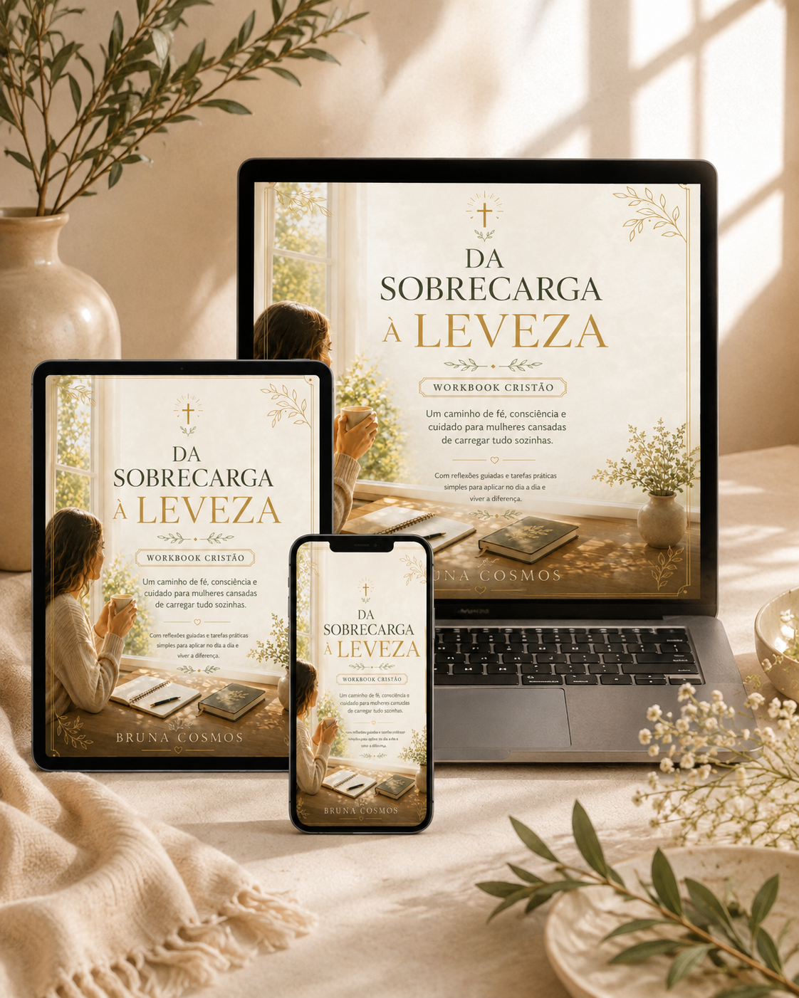 Workbook Da Sobrecarga à Leveza exibido em notebook, tablet e celular